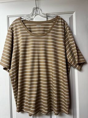 Woman's Lands' End Tan and White Striped Short-Sleeve Tee